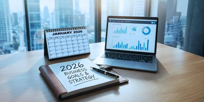 A notebook, calendar and laptop on a table showing business goals and strategy for the New Year