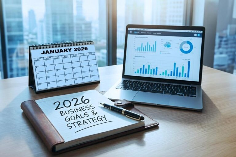 A notebook, calendar and laptop on a table showing business goals and strategy for the New Year